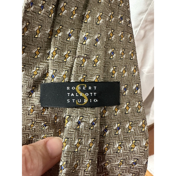 Robert Talbott Studio Mens Silk Blend Geometric Pattern Tie Gold Brown Blue - Picture 3 of 3